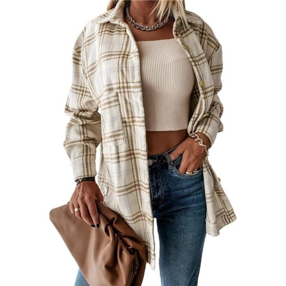 New Women's Fall Plaid Shacket Jacket Long Sleeve Button Down Flannel Shirts